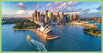 Ferry glides past Sydney Opera House in Sydney Harbour (Australia)