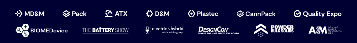 logos banner—MD&M, Pack, ATX, D&M, Plastec, CannPack, Quality Expo, BIOMEDevice, The Battery Show, Electric & Hybrid, DesignCon, Powder & Bulk Solids, ADM